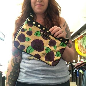 Betsey Johnson clutch purse gold roses studs hot!